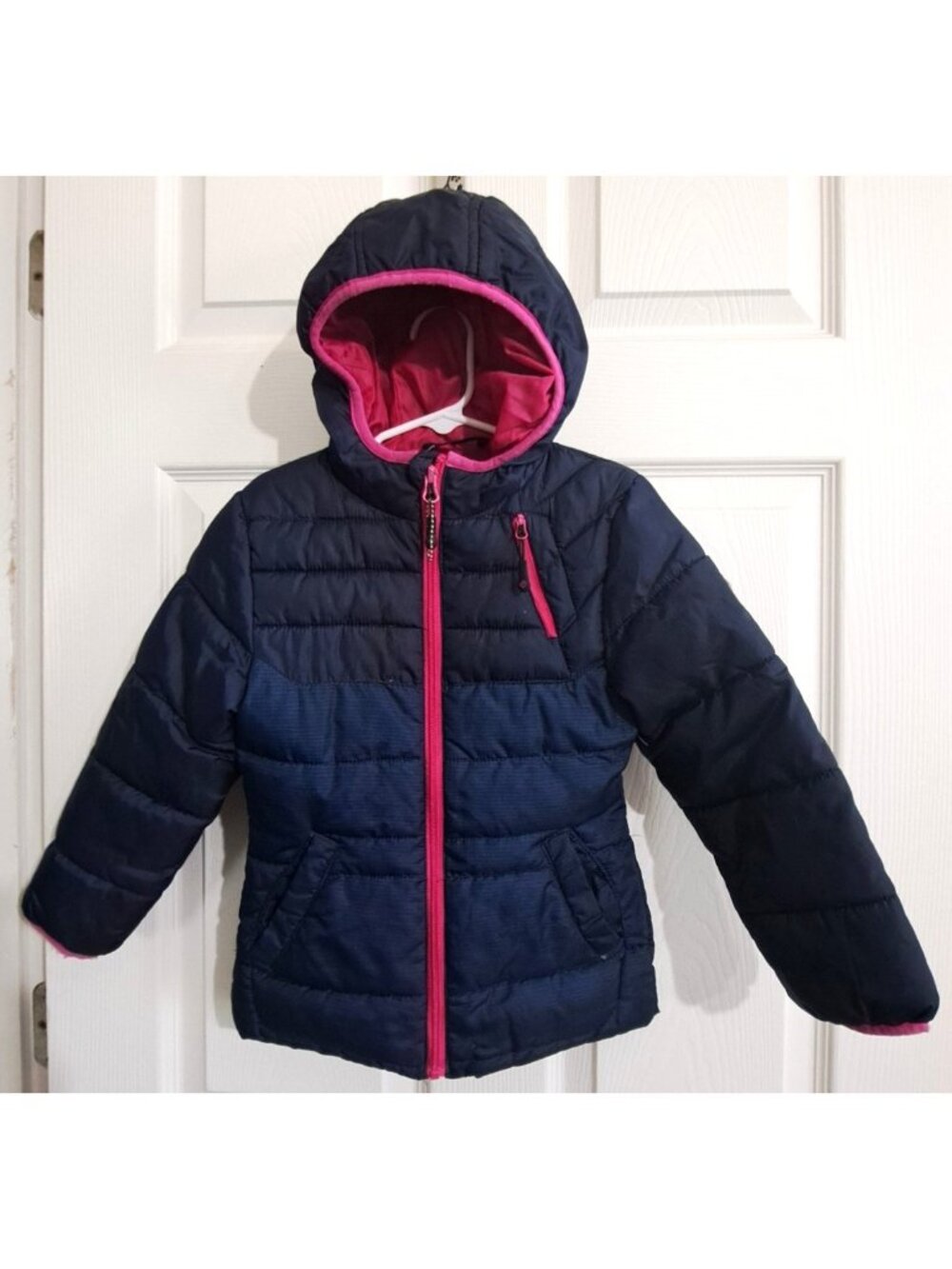 Big Chill Girls 5/6 Navy Blue Full Zip Hooded Winter Jacket Pink Lining